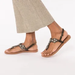 Echtleder High Fashion T-Steg-Sandalen - Schwarz -Schuh Verkaufs-Shop 22438863 02